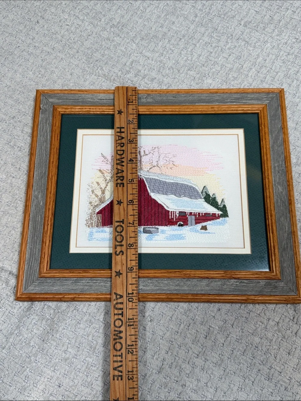 Vtg Needlepoint Embroidered Red Barn Winter Crewel Barn wood Frame Wall Hanging